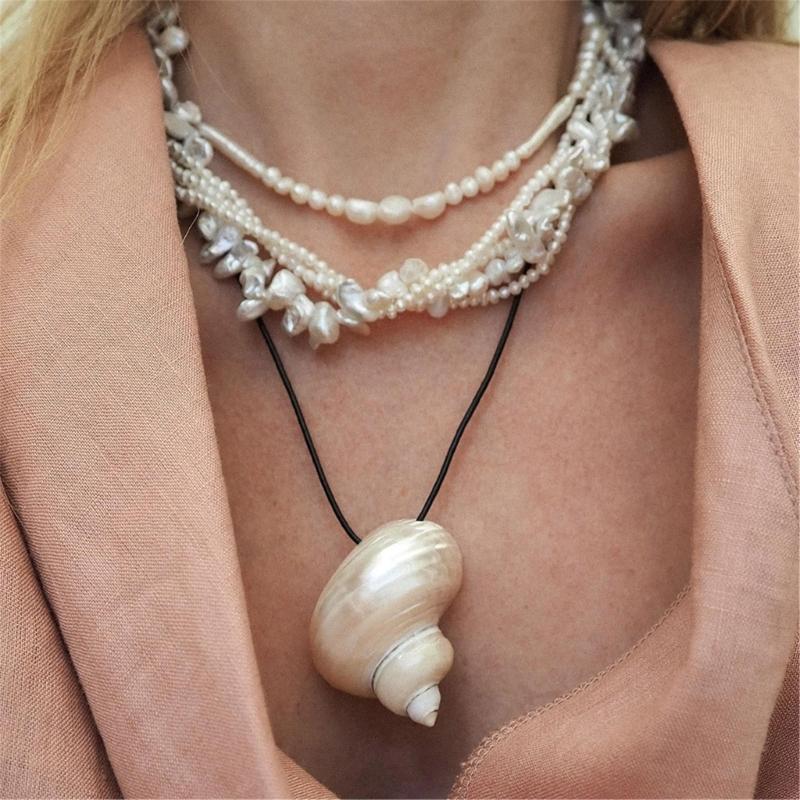 Adjustable Shell Necklace 120cm PU Leather Cord Clavicle Chain Coastal Style Accessory Stylish Neckchain Accessories