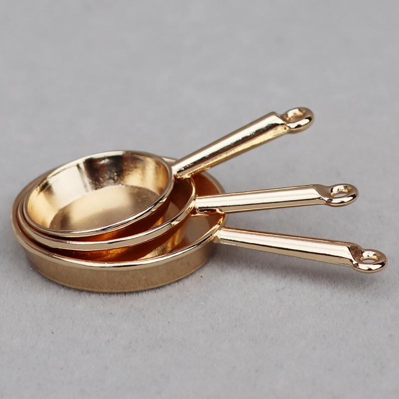 1:12 Miniature Dollhouse Kitchen Utensils: 3-Piece Alloy Frying Pan Set