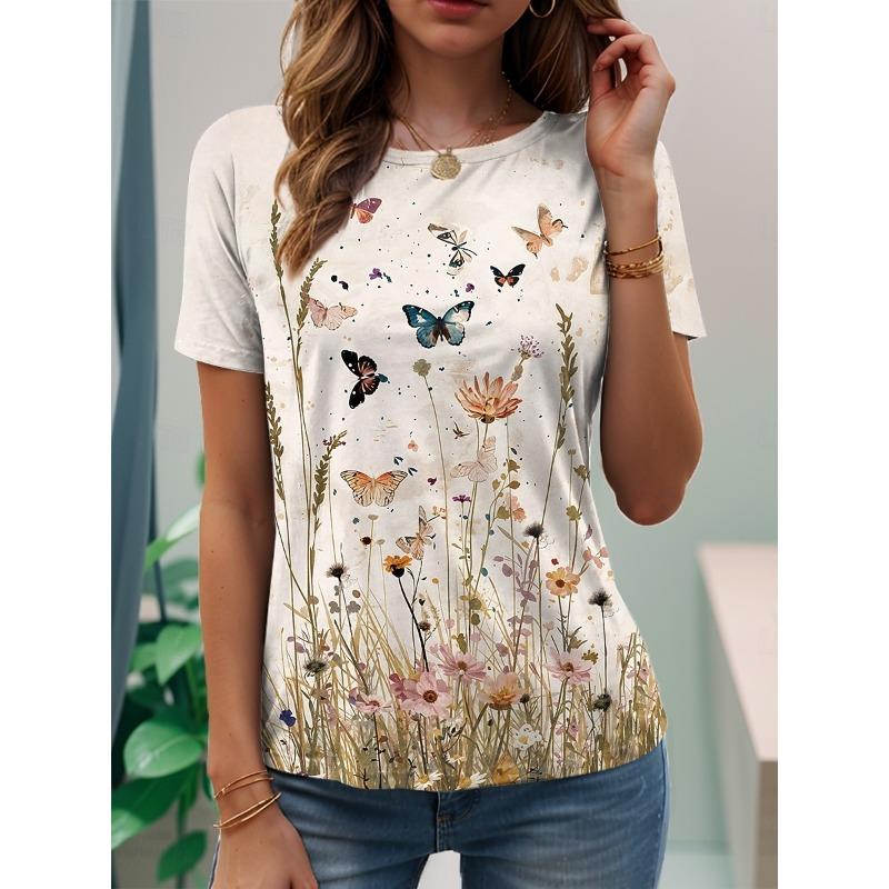 Women's Casual T-shirt 3D Printed  Flower Print Round Neck Retro Elegant Long Sleeves Women's Fashion Pullover Long Sleeve Tops