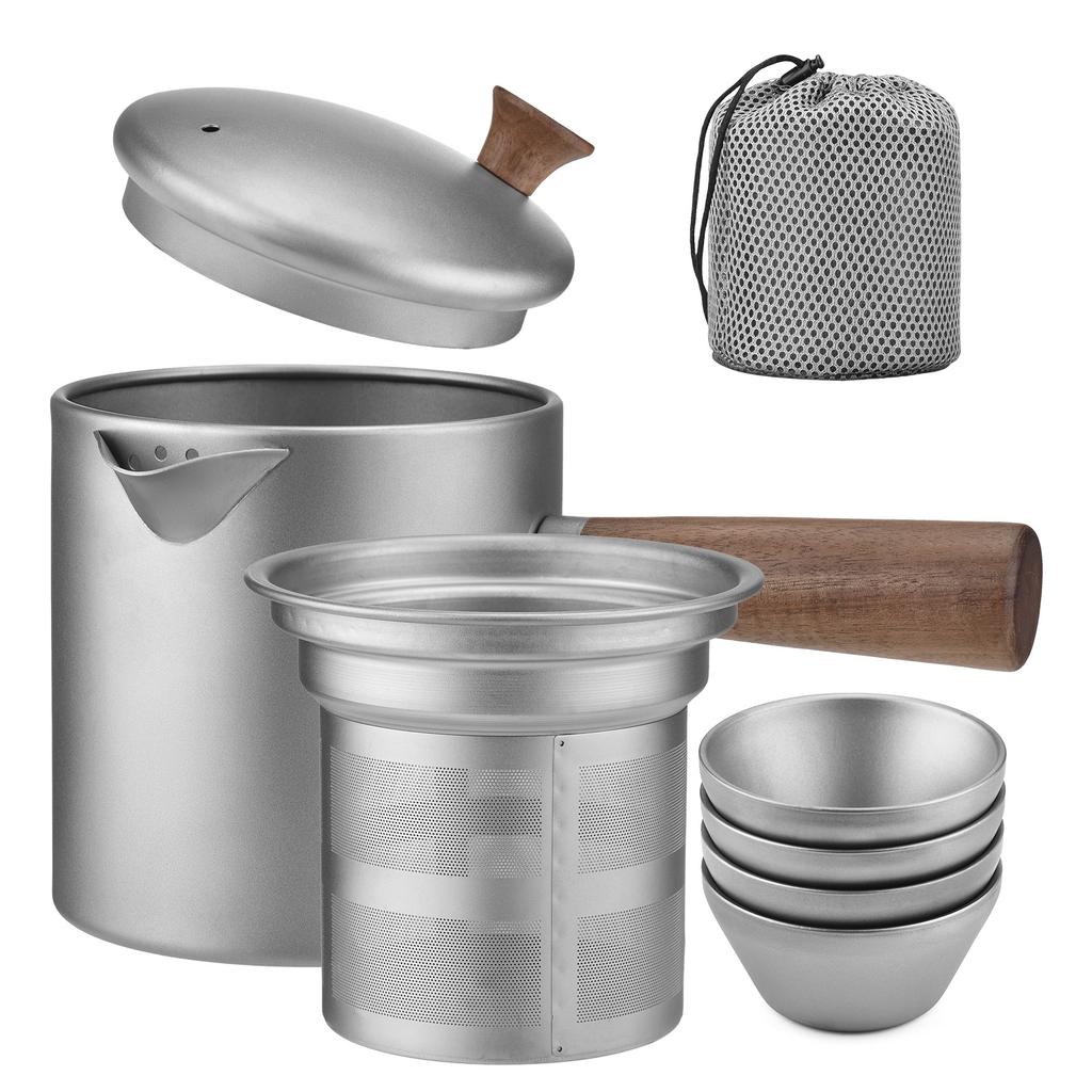 Ti Tea Kettle with Wood Handle Portable Tea Maker with Strainer for Camping Hiking