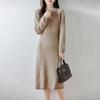 Women's Pure Wool Round Neck Long Sleeve Knit Dress - Over-the-Knee Mid-Length, Loose Fit, Autumn and Winter Style.