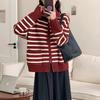 Double Zipper Striped Knitted Cardigan Women's Autumn and Winter New Thickened Versatile Loose Lazy Sweater Jacket