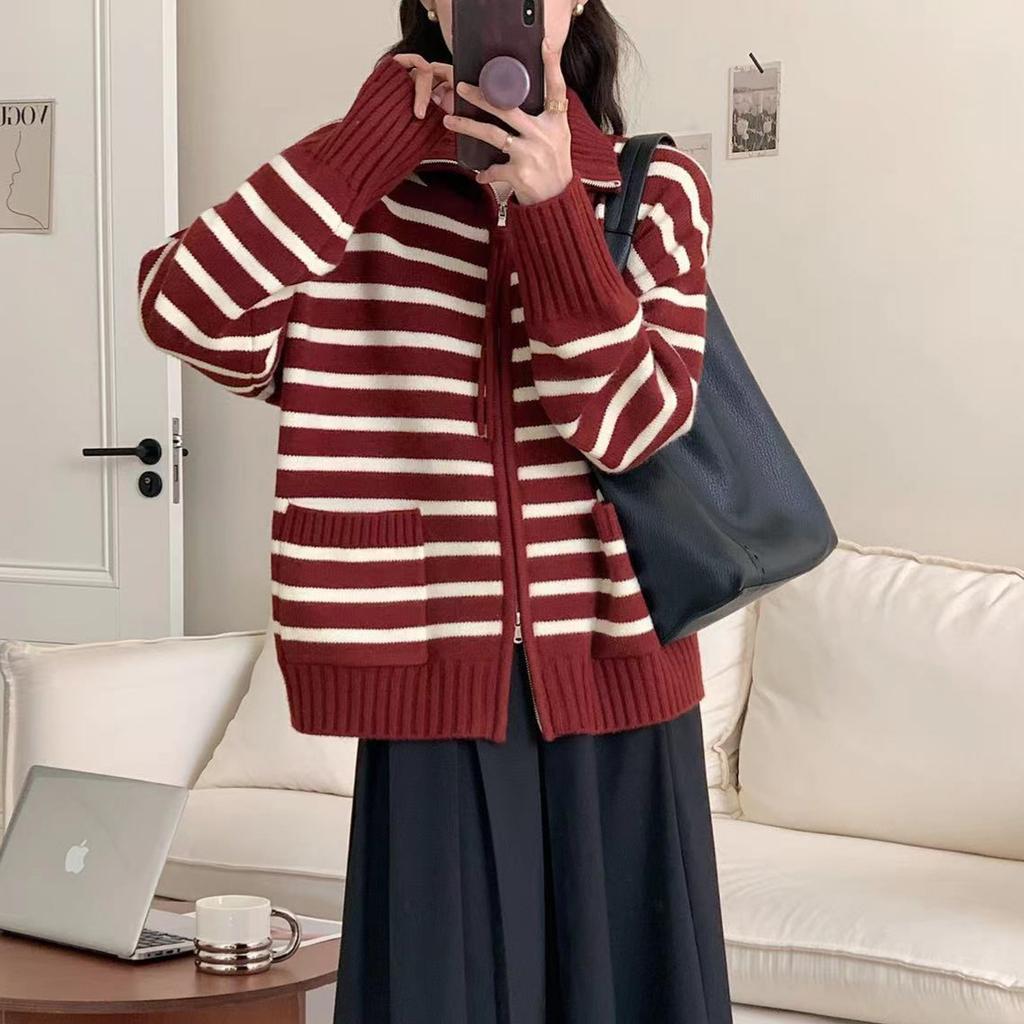 Double Zipper Striped Knitted Cardigan Women's Autumn and Winter New Thickened Versatile Loose Lazy Sweater Jacket