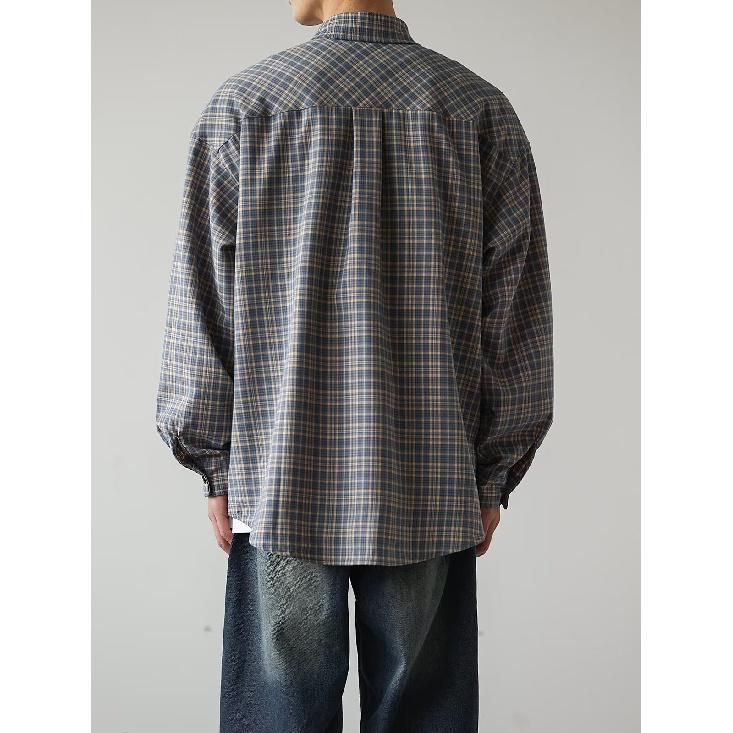 Autumn 2024 Plaid Pocket Decorative Lapel Shirt Japanese-Style Retro Embroidered Long Sleeve Shirt for Men