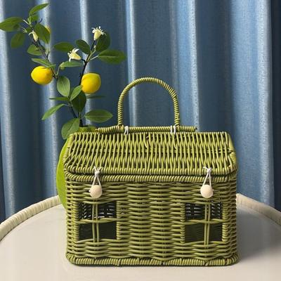 Panier en rotin en forme de maison, panier de pique-nique tressé en rotin, cadeau de mariage vintage avec couvercle, organisateur décoratif rustique et créatif