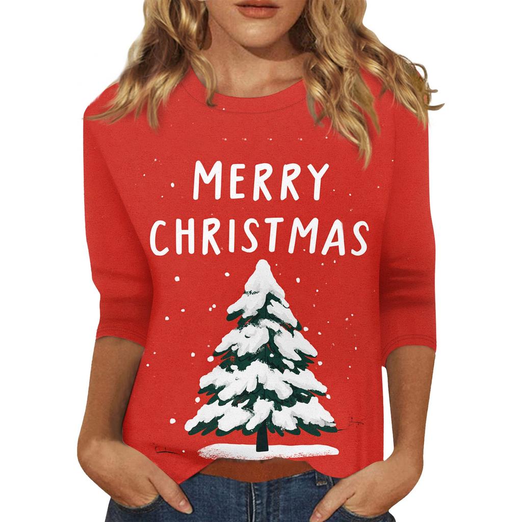 Top de damă cu decolteu O cu mâneci 3/4 cu imprimeu de Crăciun