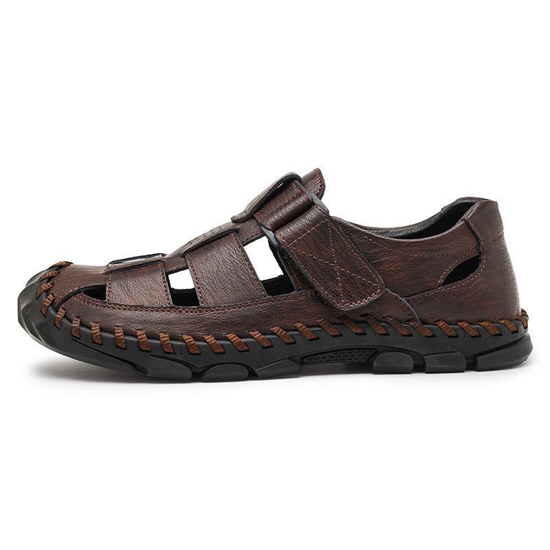 Men's Outdoor Genuine Leather Sandals: Breathable, Hollow, Casual Beach Shoes, Large Sizes Available.