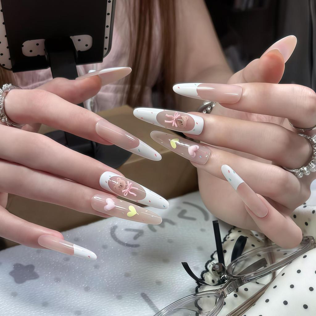 Ice Transparent Nude French Press-On Nails with 3D Cartoon Bear & Heart Design, Reusable & Detachable, 2026.