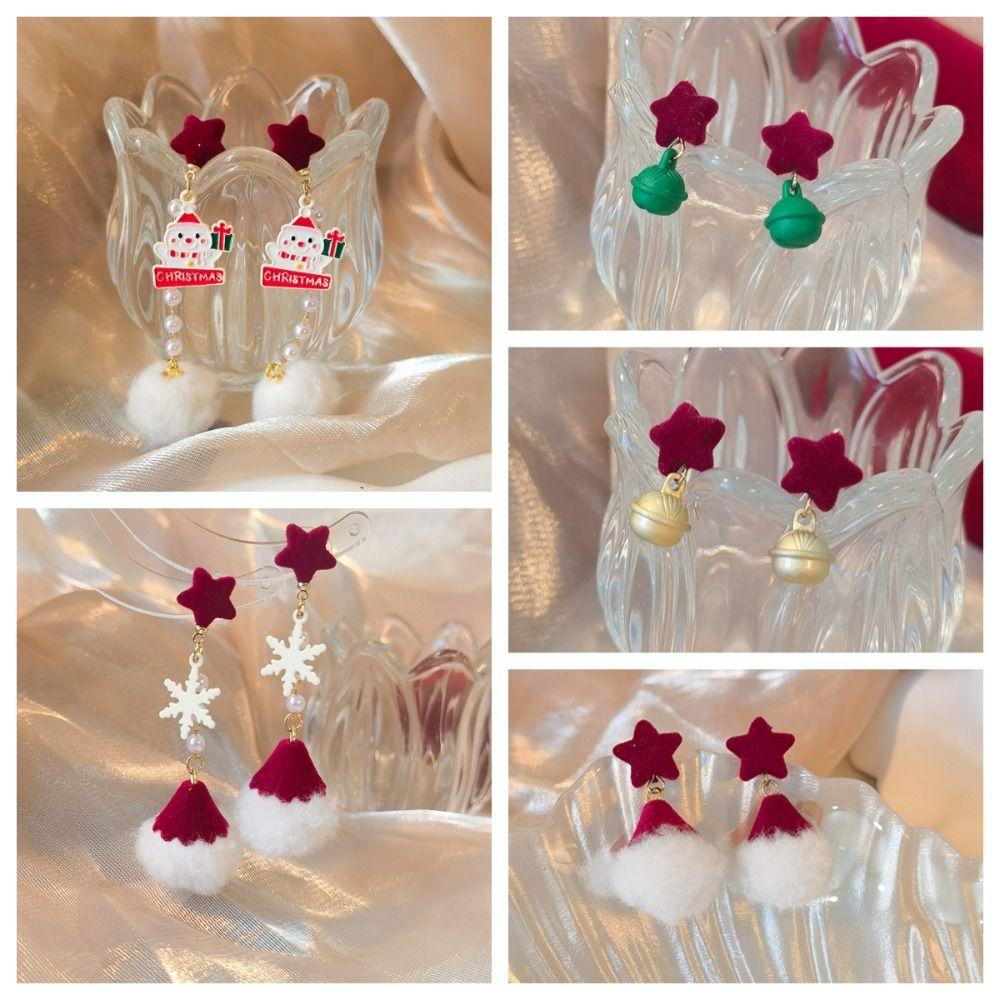 Snowman Merry Christmas Earrings Star Xmas Earrings Studs Fashion Pearl Plush Pendant  Xmas