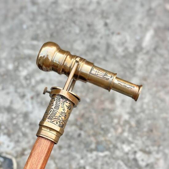Brass Telescope Compass London Hidden On Top Wooden Walking Stick Canes