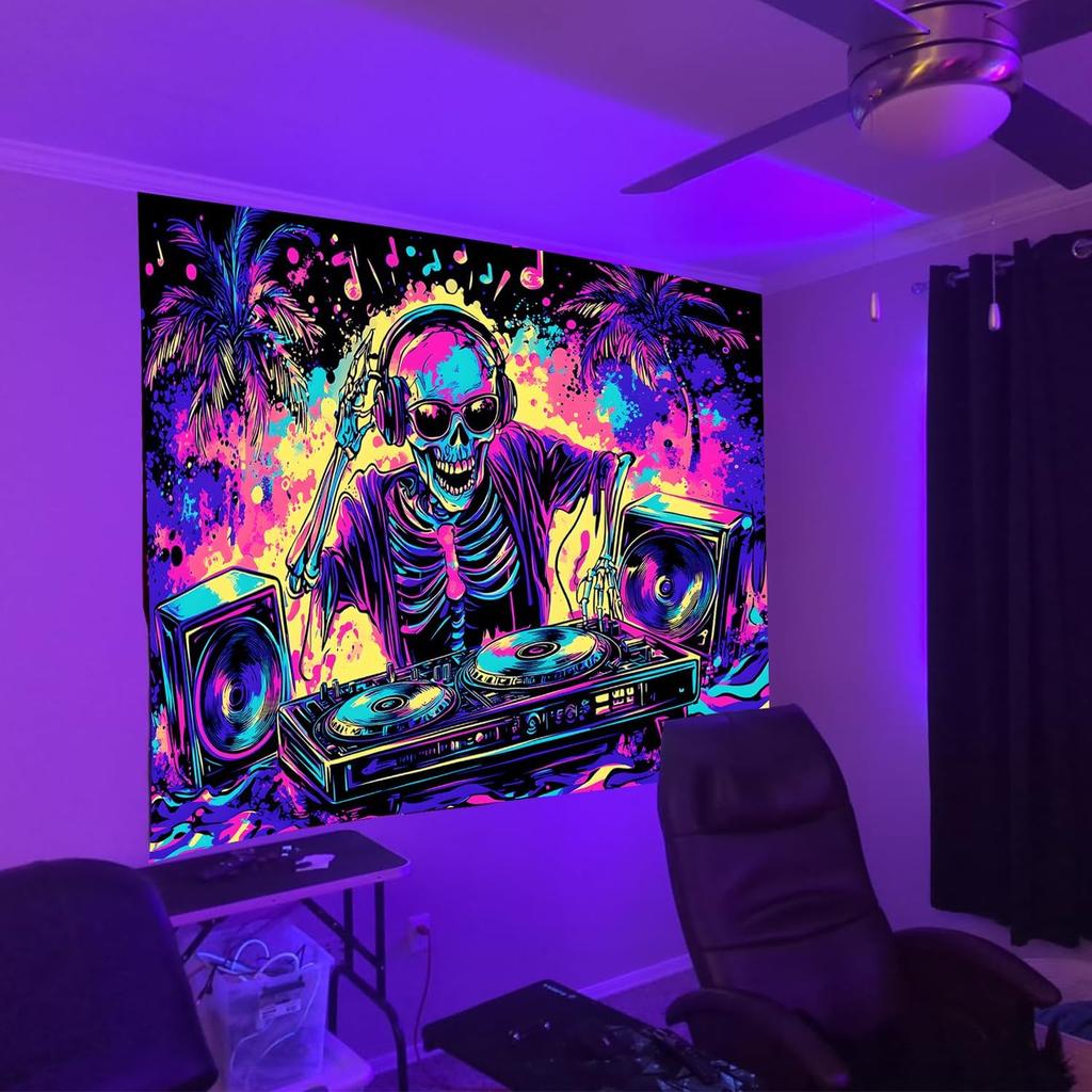 TUGCAY Blacklight Skull Tapestry UV Reactive Skeleton Tapestry Funny Music Tapestries Wall Hanging for Bedroom Dorm Party Decor (51.2 x 59.1 inches)