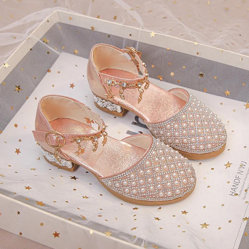 Mädchen Lederschuhe für Hochzeitsfeier Glitzer Strass mit Anhängern Glänzender Glitzer Mode Prinzessin Kinder Kleiderschuhe Hoher Absatz