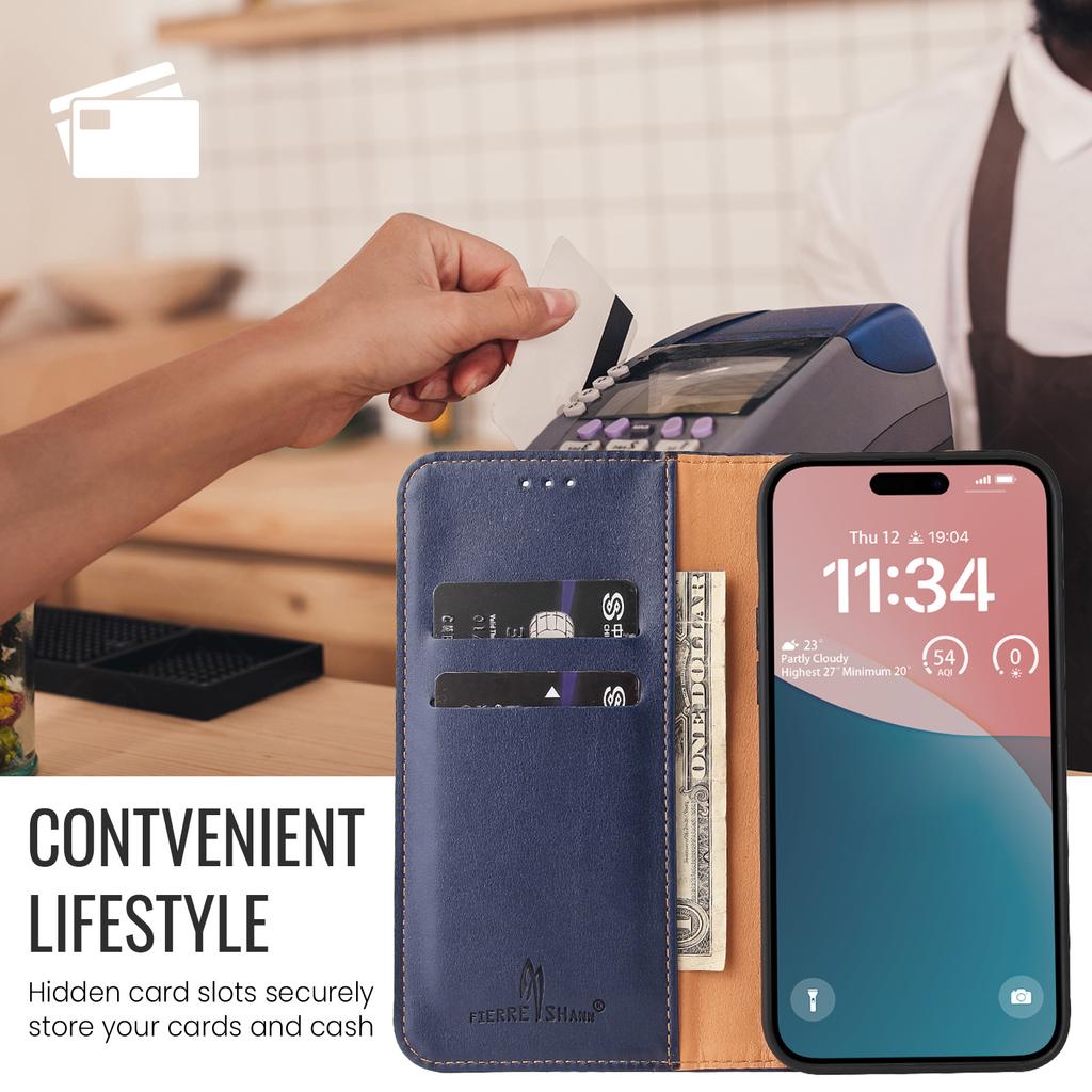 FIERRE SHANN For iPhone 17 Case PU Leather Flip Stand Wallet Phone Cover