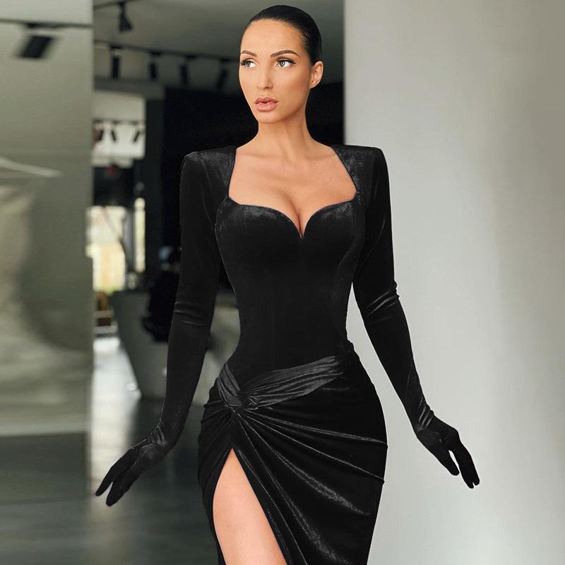 2021 Women's Fashion Slimming Sexy High Waist Velvet Evening Dress with Gloves