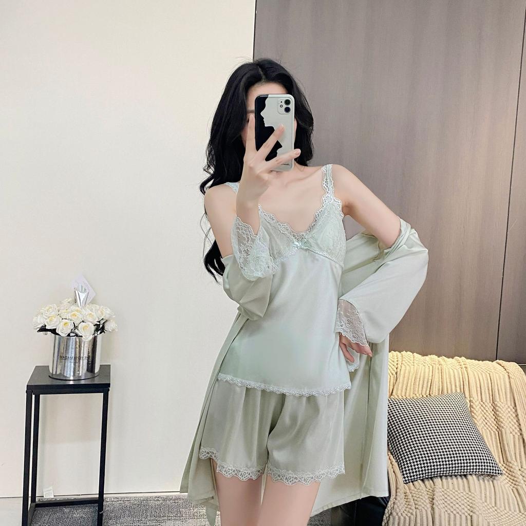 Summer thin women's sexy ice silk suspender shorts spring and autumn lace pajama set nightgown silk loungewear