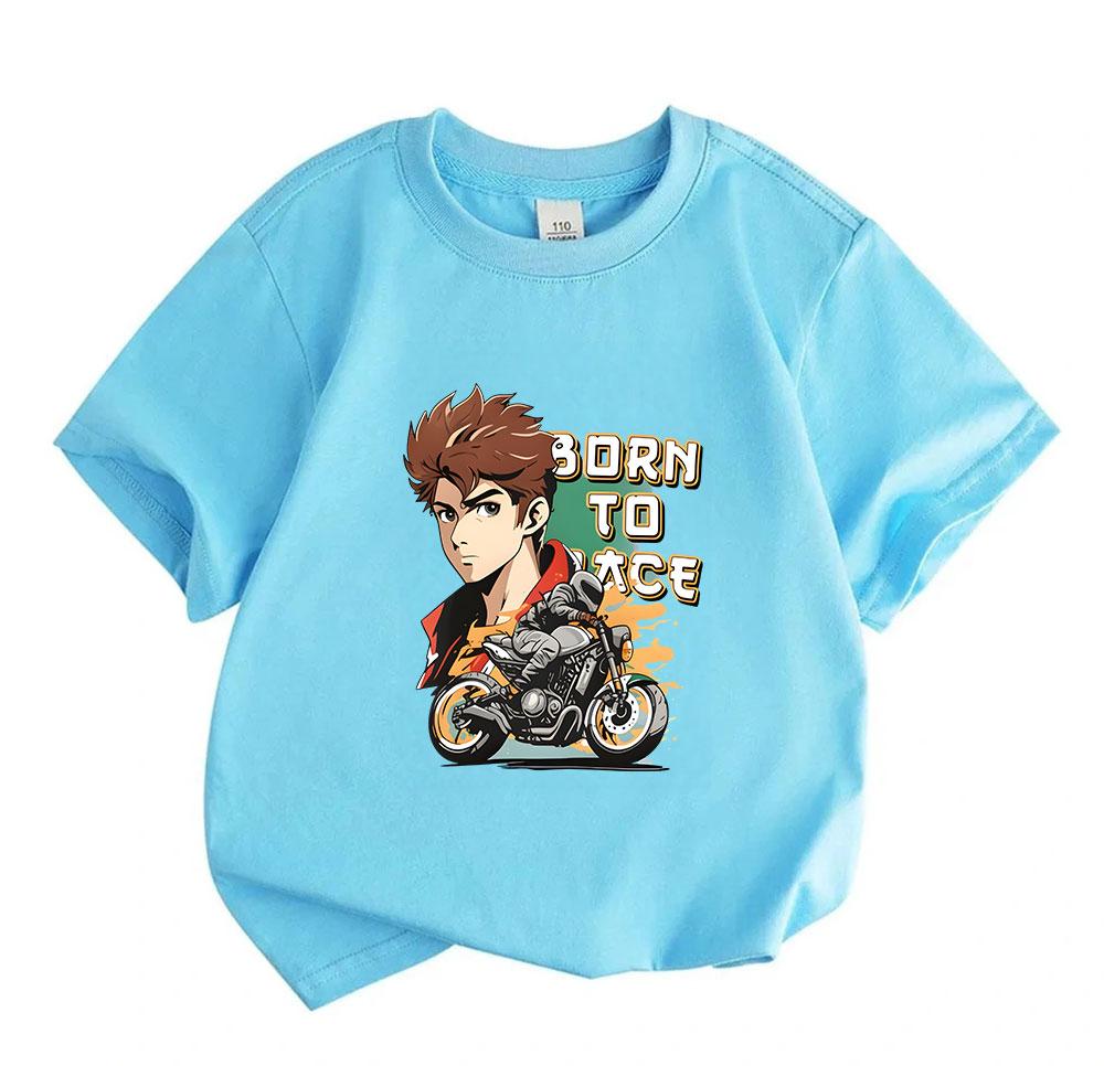 Kids Boys Girls 100% Cotton Crew Neck Short Sleeve T-Shirt, Anime Biker Print Born To Race Casual Breathable Summer Tee Tops for Little Teens Children