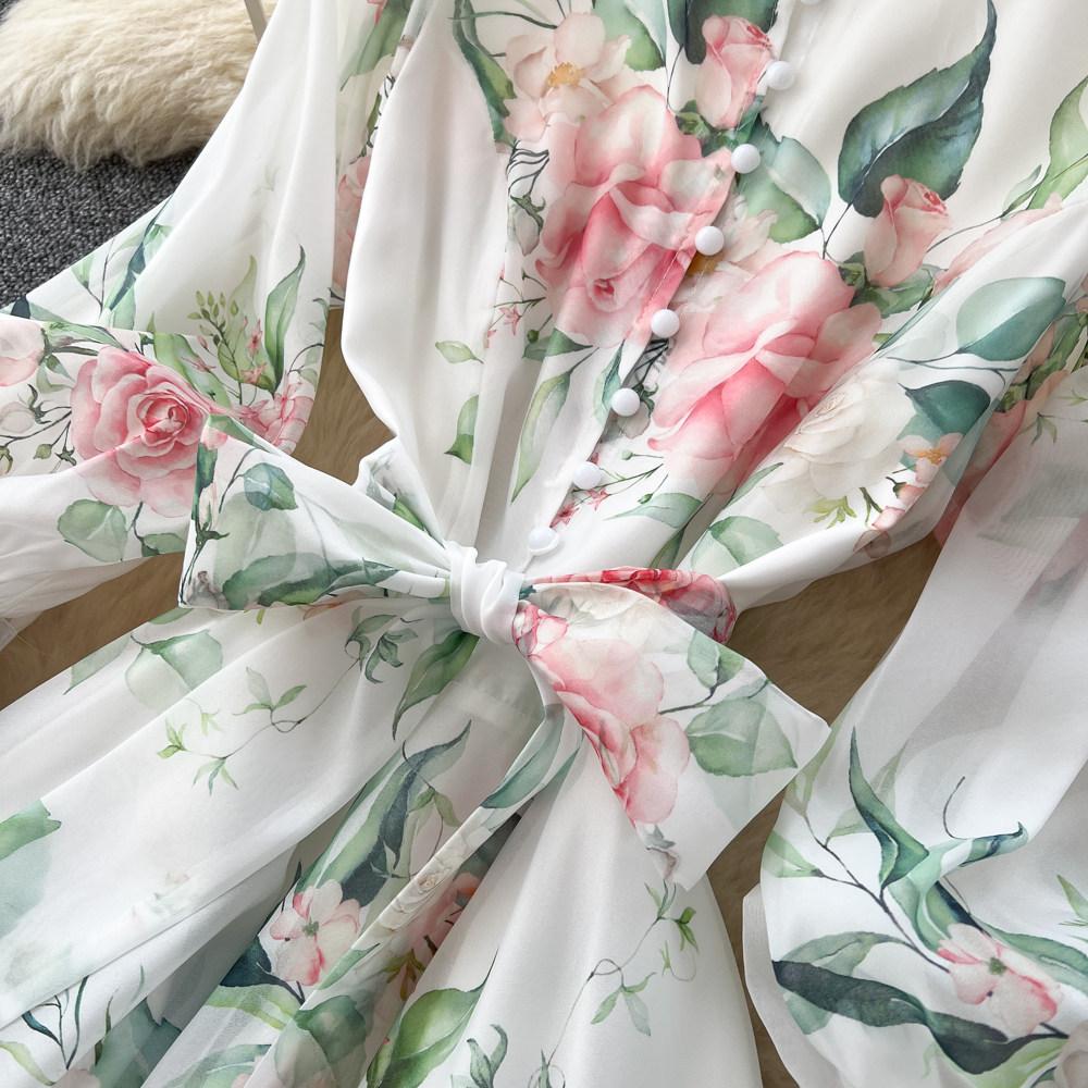 French romantic style print strap-on dress women's early spring long-sleeved V-neck lace-up waist A-word long dress elegant