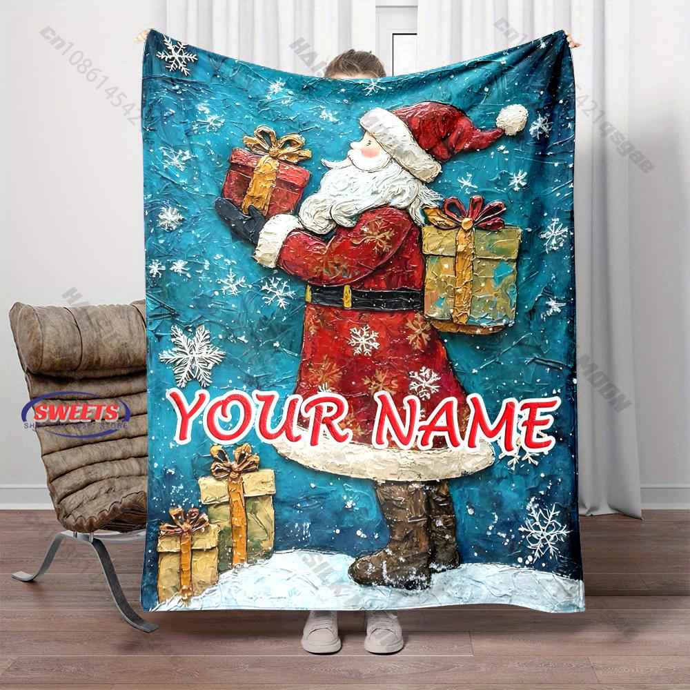 Custom Name Textured Painting Santa Christmas Blanket Thick Paint Santa Holding Presents Flannel Sofa Throw Blanket