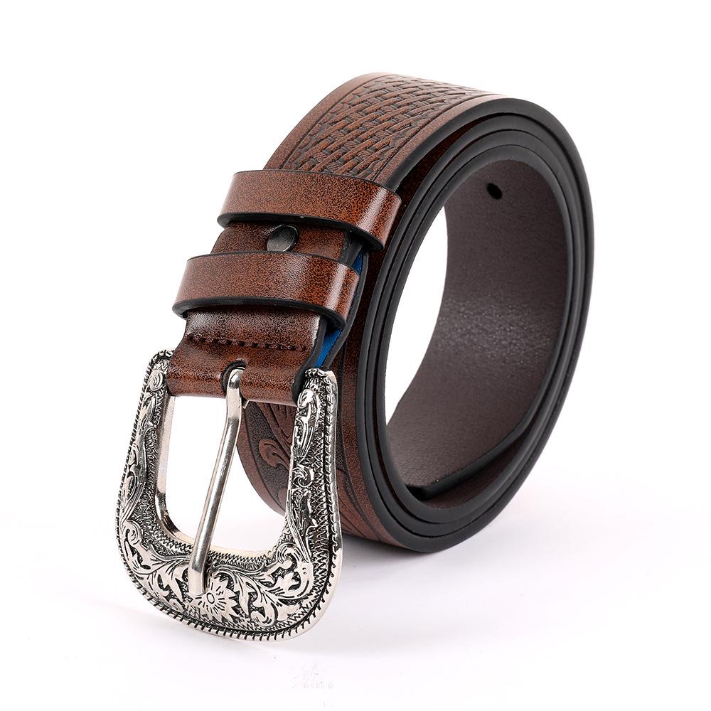 

Ретро кожаный ремень в западном стиле с резной металлической пряжкой и тисненым дизайном Width 4.0, Length 1.25