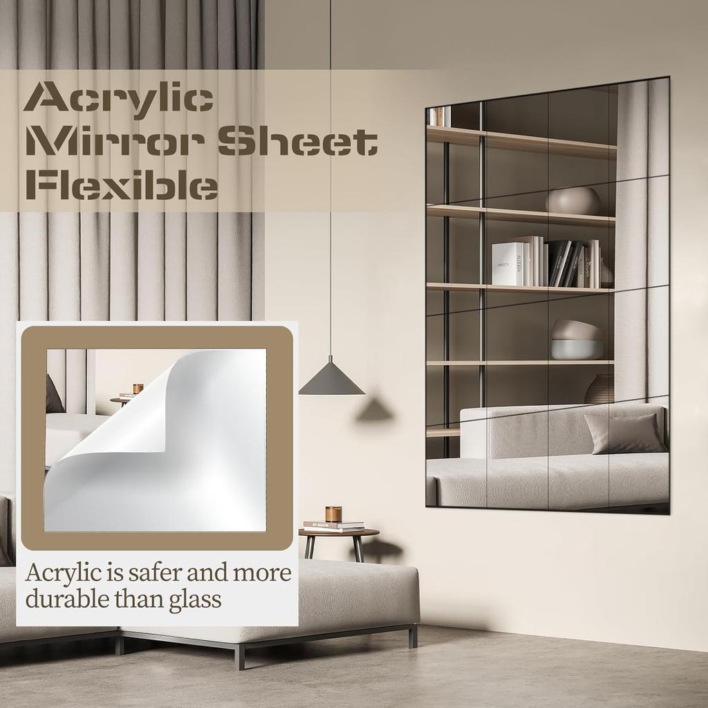 Biaungdo 12 Pcs Self Adhesive Acrylic Mirror Tiles,10 X 15cm/4" X 6" Frameless Mirror Tiles,Flexible Mirror Sheets Non-Glass Mirror Stickers