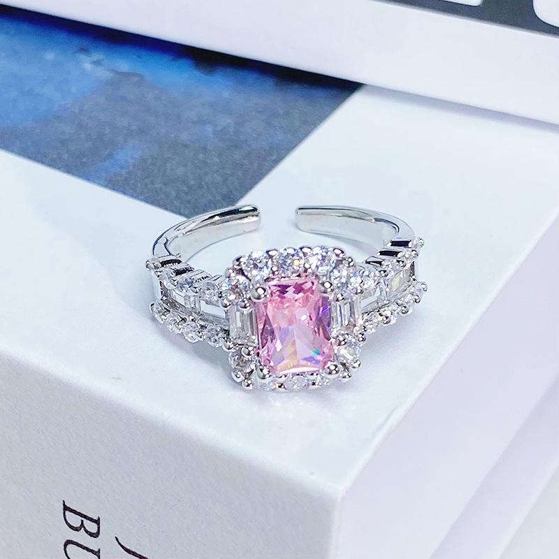 Sweet Light Luxury Zircon Super Flash Exquisite Open Ring Niche High-End Sense Stacking Wearing Colored Treasure Ring Women'S Model