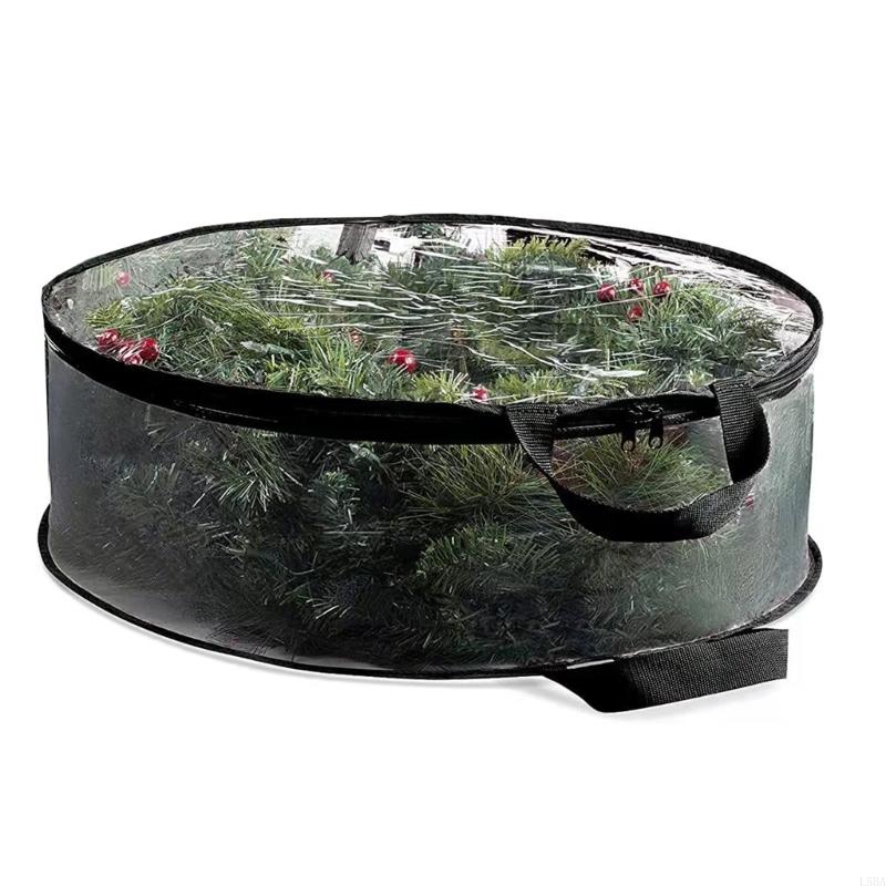 Red-Edged Transparent Christmas Wreath Storage Bag round Holiday Decoration Protective Case for Festive Wreaths