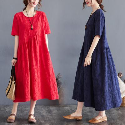 Women Summer Cotton Linen Loose Jacquard Irregular Dress Casual O-neck Short Sleeve Solid Color Dresses
