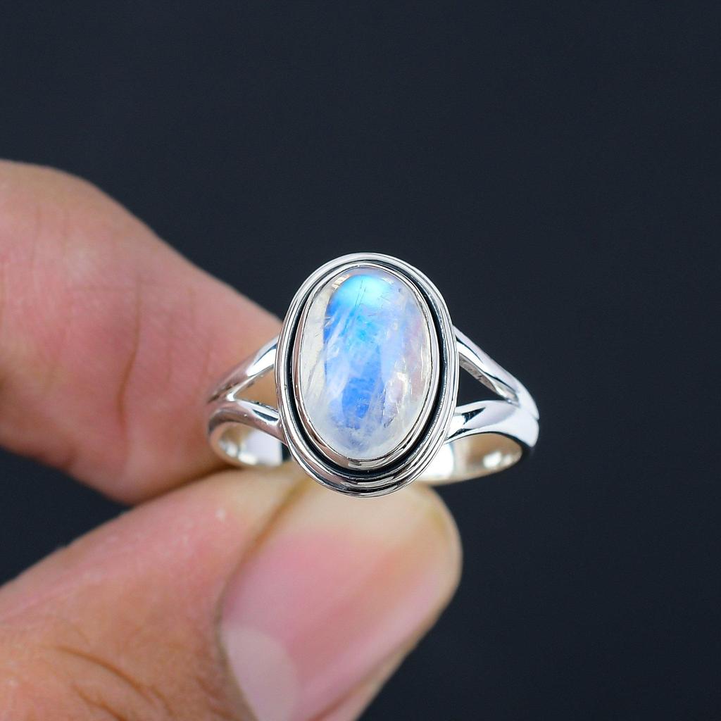 Natural Rainbow Moonstone Solid 925 Sterling Silver Split Shank Handmade Ring Jewelry For Women & Girls