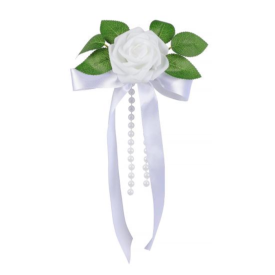 Wiederverwendbare Hochzeitsauto-Dekorationen Künstliche Weiße Rosen-Dekoration, Türgriff & Rückspiegel Blumenstrauß Märchen-Dekor mit Satinband-Schleife