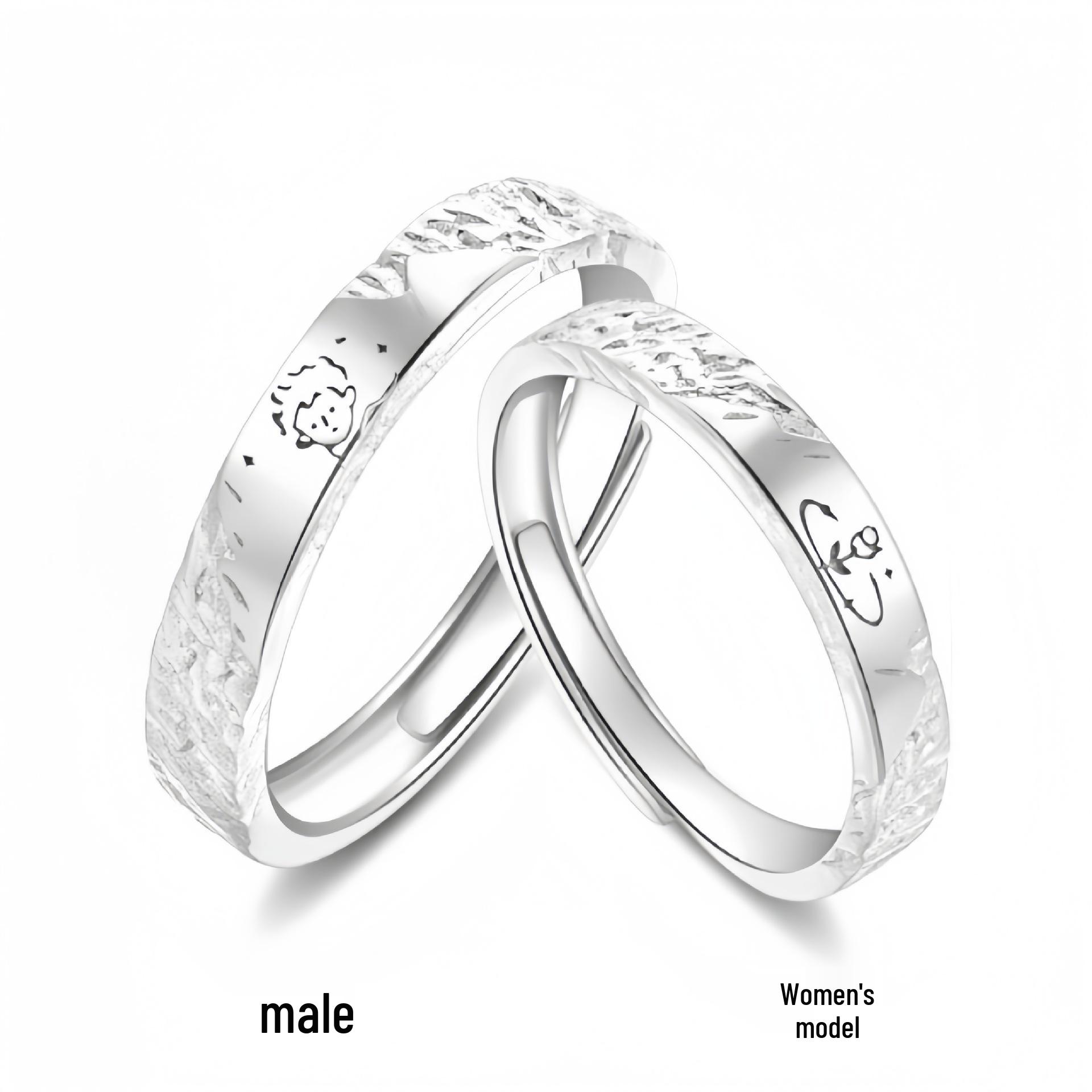 S999 Sterling Silver Little Prince and Rose Couple Rings - Luxurious, High-End Pure Silver Fashion Adjustable