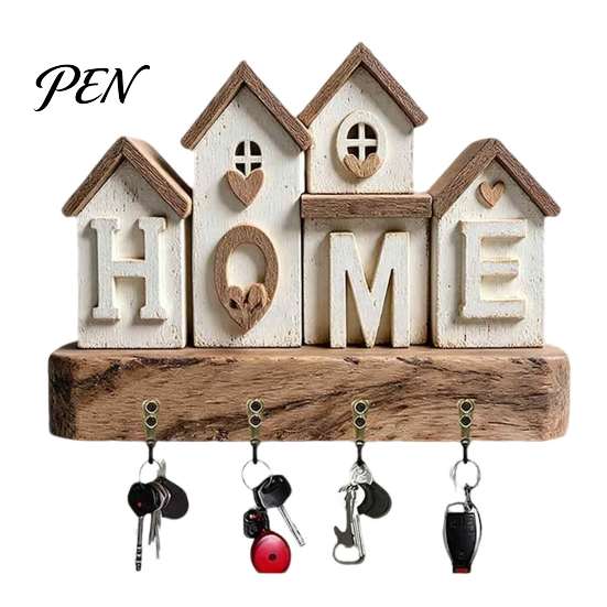 Functional Wall Hanging Key Holder Wooden Rack, Vintage Camping RV Pattern Rack with 4 Hooks, Theme Organizer 2D Farmhouse Mount for Entryway Hallway
