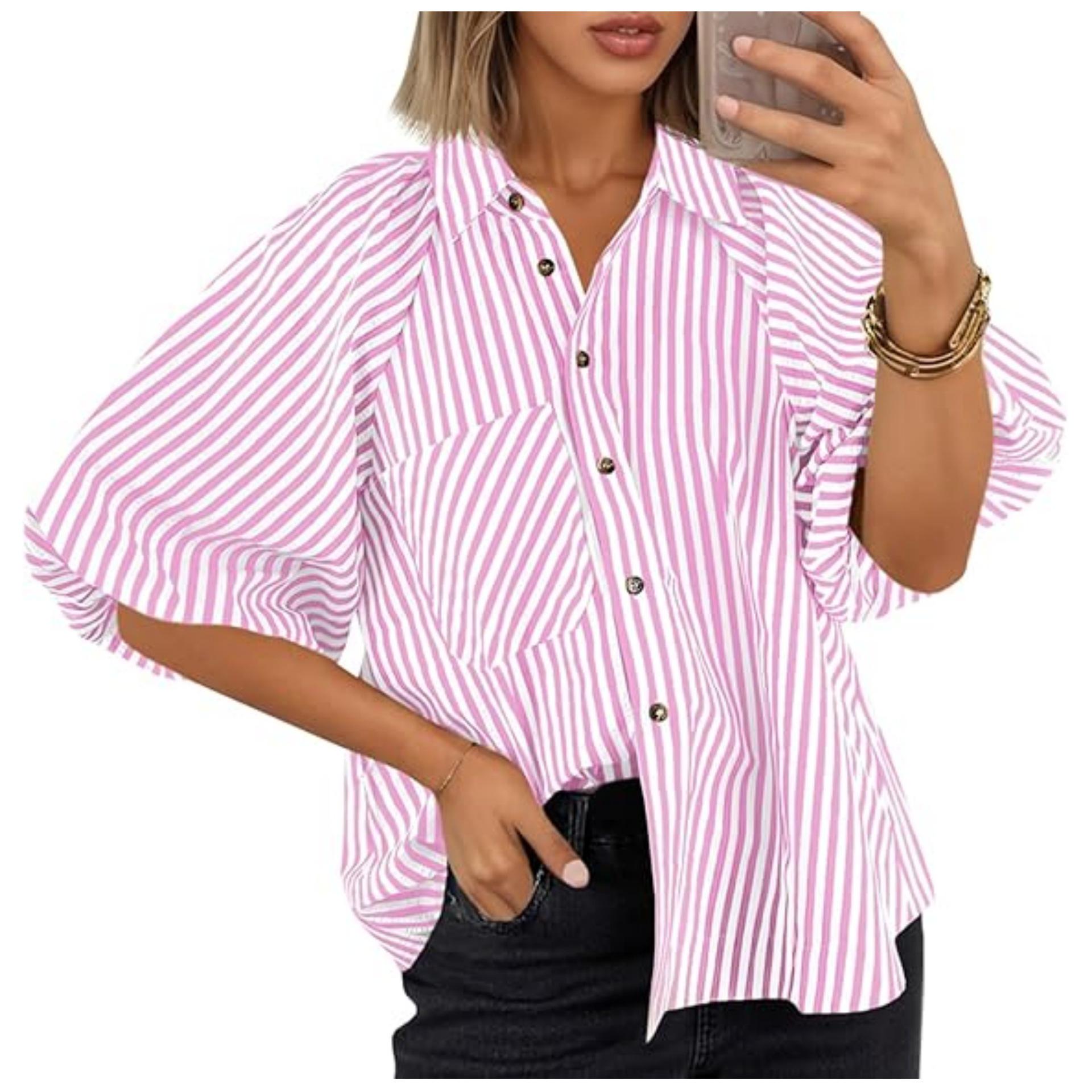 

Women s Striped Bubble Sleeve Cardigan with Pockets Extra Large рожевий