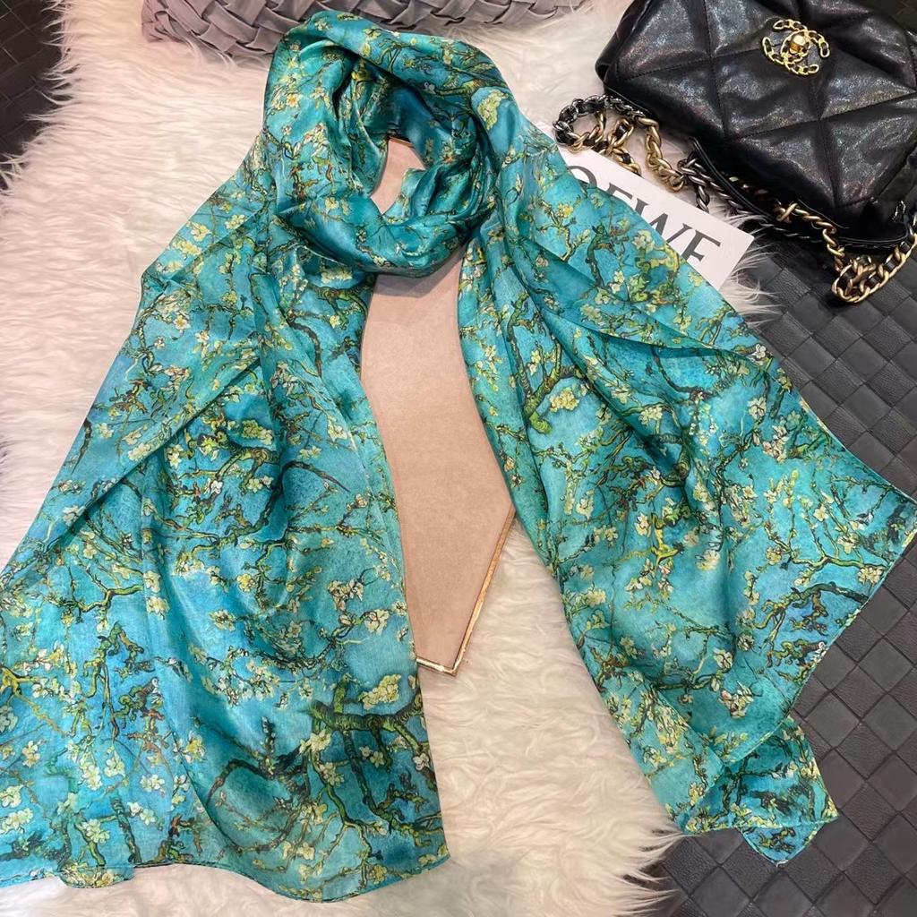 100% Maulbeerseide Schal Tuch Pflaumenblüten Design Blau Grün Sommer Strand Seiden Schals Tücher Herbst Winter Nacken Kopf Tuch