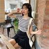 Women O Neck Striped Short Sleeve Slim Pullover Crop Top T-Shirt
