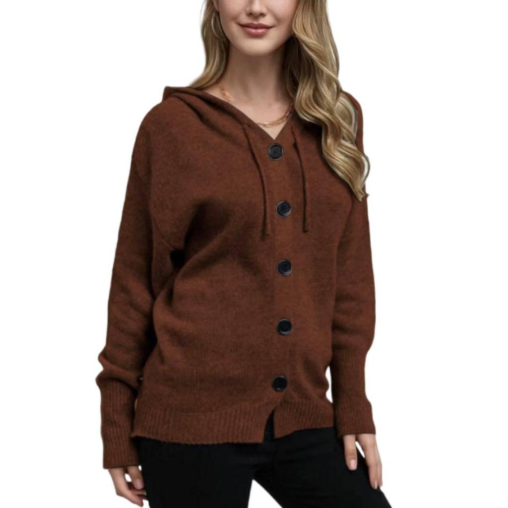 New Single-Breasted Hooded Cardigan Sweater Women's Autumn and Winter V-Neck Solid Color Knitted Sweater