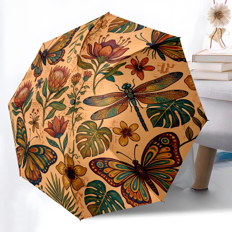 1pc Sturdy 8-Bone Auto Umbrella, Pale Lilac Floral Butterfly Garden Umbrella, Digital Printed, Foldable Umbrella for On-the-Go Outdoor Use
