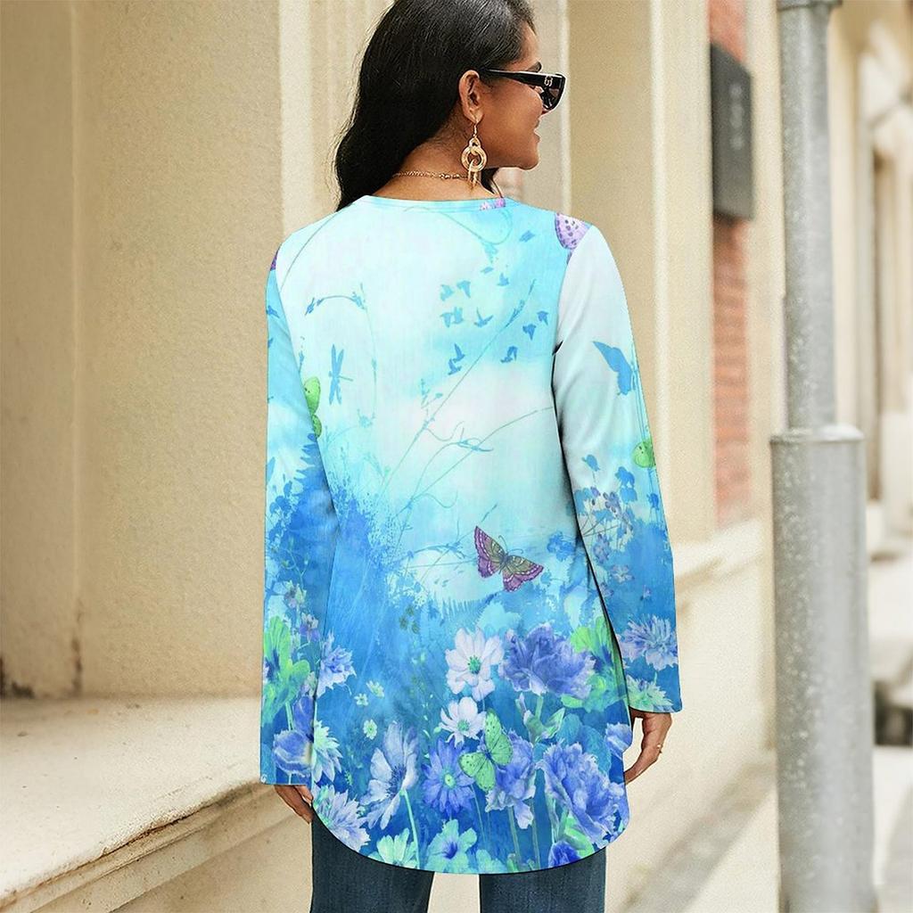 Women Round Neck Loose Long Sleeve Tunic Soft Solid Tops Ideal For Household Relax And Casual Outdoor Walks
