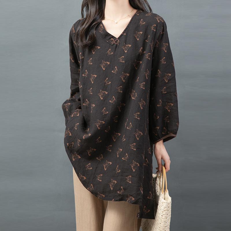 2026 Retro Cotton Print V-Neck Loose Long-Sleeve Stylish Slimming Top XXL