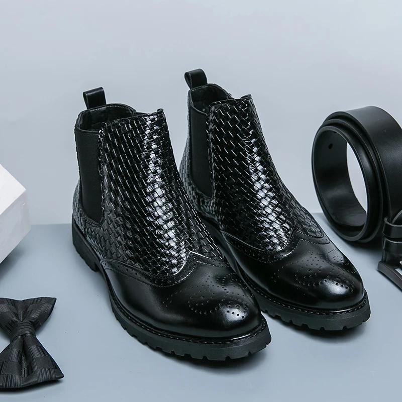 Fashion Chelsea Boots Men PU Plaid Patchwork Block Carved Business Formal Boots Classic Comfort High Top Men Boots Large Size 38-46