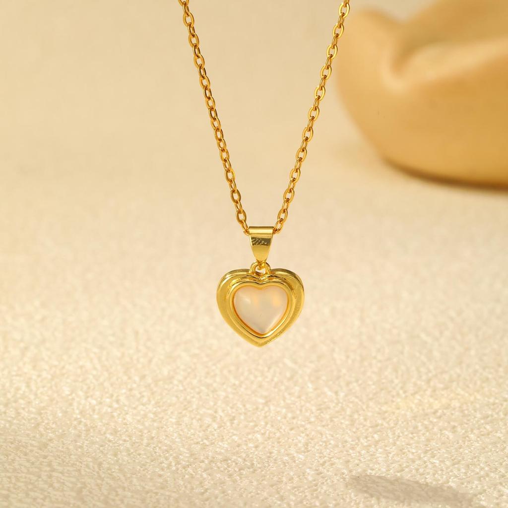 Chamrs Necklace for Women, Nature White Shell Inlay, Dropwater Heart Square Pendant Necklace, Stainless Steel Waterproof Jewelry