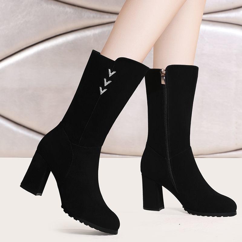 Black Pointed Toe Elegant Heeled Rhinestone Ladies Mid Calf Shoes Autumn Winter Fleece-Lined Comfortable Women's Half High Boots