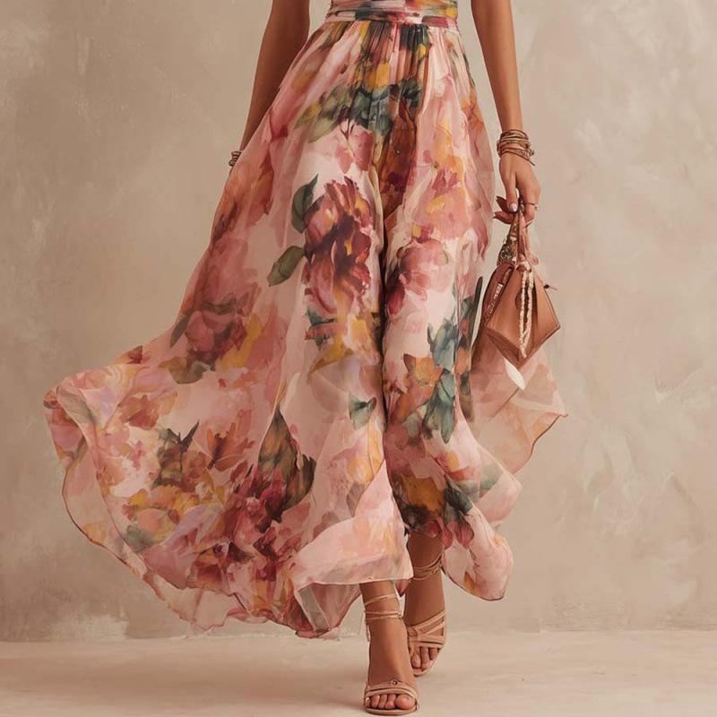 European and American Summer New Women's Clothing Digital Printing Temperament Elegant Slanted Shoulder Sleeveless Dress