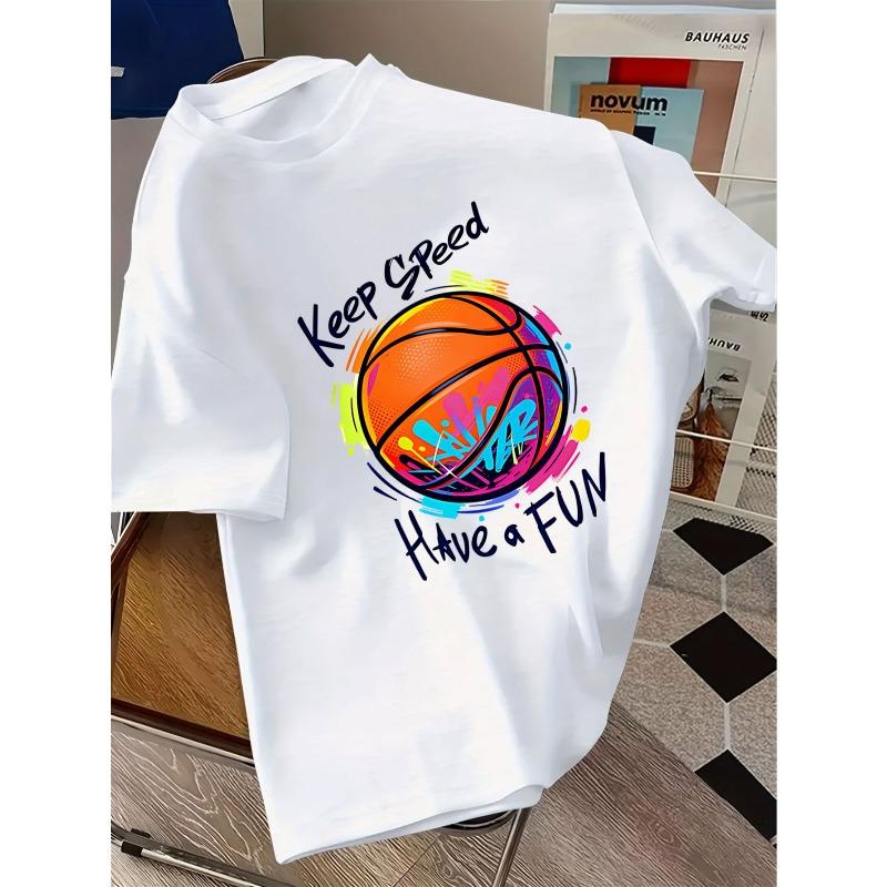 Kids Crewneck Short Sleeve Tee, Basketball Graphic  Keep Speed Have A Fun  Breathable Comfort Sport Casual New Summer Top 110