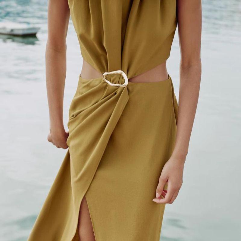 Spring New Women Opening Design Buckle Decoration Black Sleeveless Long Dress 2298176 5029167