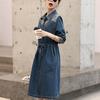 2024 Retro Chinese-Style Denim Shirt Dress for Women - Spring/Autumn A-line