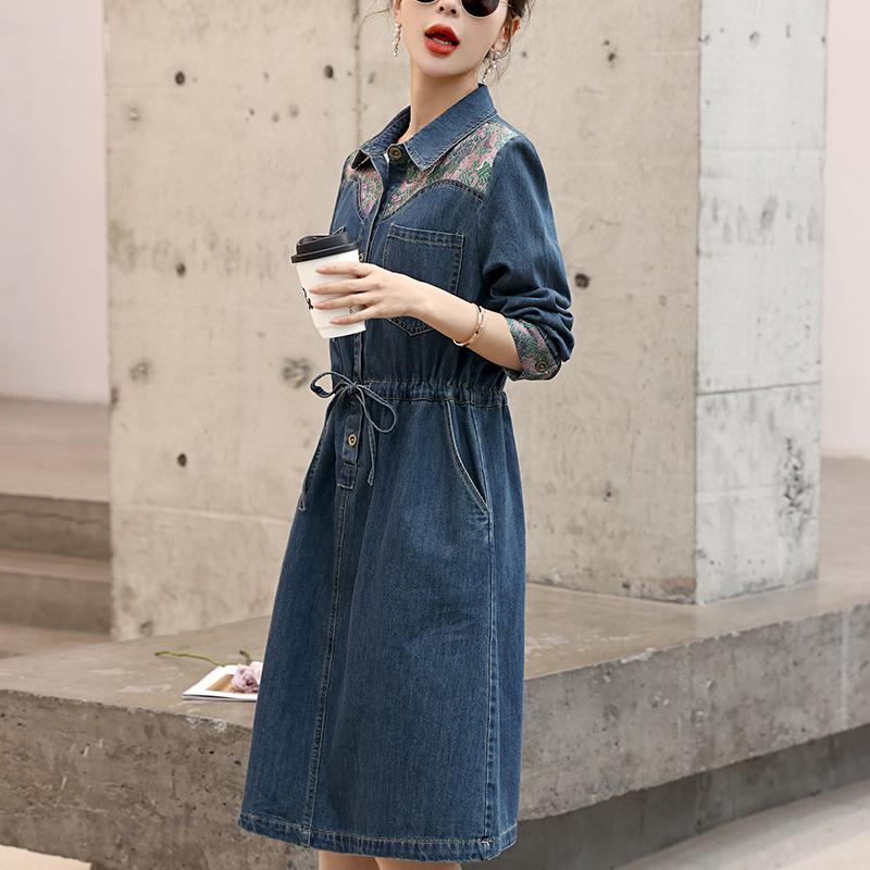 2024 Retro Chinese-Style Denim Shirt Dress for Women - Spring/Autumn A-line
