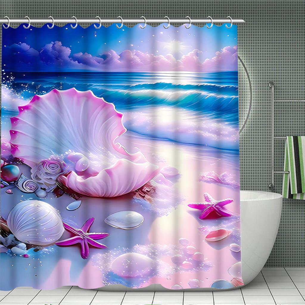 1/4pcs Luxury Beach Shell Waterproof Shower Curtain Set Decorative Bathroom Set Non-Slip Carpet Toilet Cover Bath Mat And 12 Hooks
