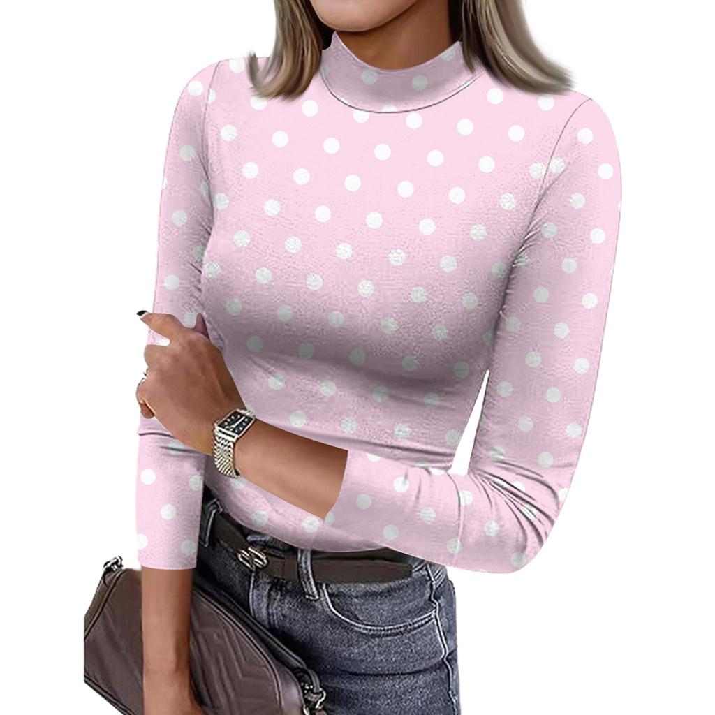 Women's Slim Bottom T-shirt Fashion Casual Polka Dot Printing Round Neck Pullover 3/4 Sleeve Top