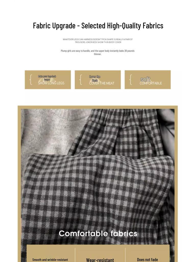 High-Waisted Retro Plaid Wool Pants, Plus Velvet, Women's Autumn/Winter 2024, Black/Gray, Wide-Leg, Straight-Leg, Slimming Fit.