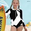 Girls High Neck Long Sleeve Front Zip One Piece Swimsuit Black White Geometric Printed